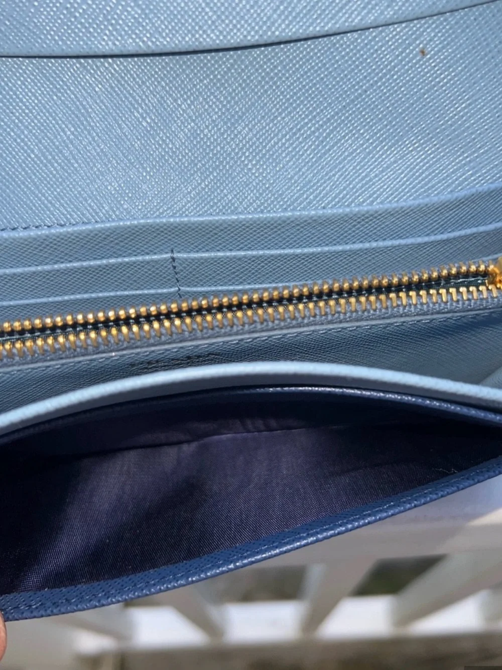 Prada Navy Saffiano Leather Continental Wallet with Gold Logo and COA